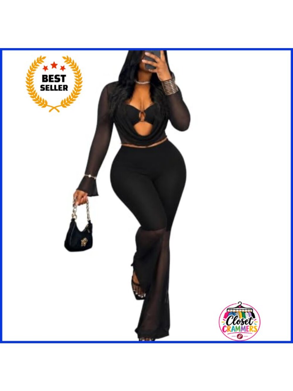 Mesh 3 Piece Club Outfit Cowl Neck Crop Top Flare Pants Set